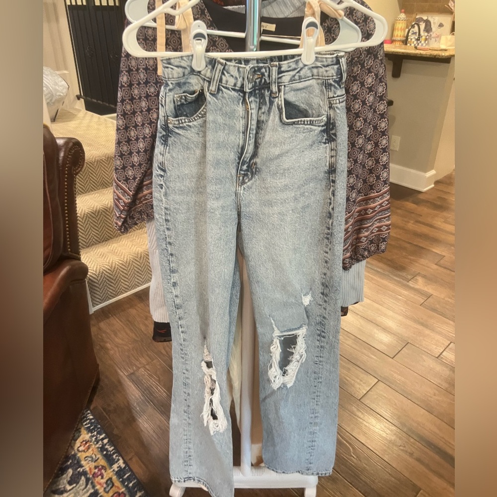 H&M Blue Straight Leg Jeans with Distressed Details